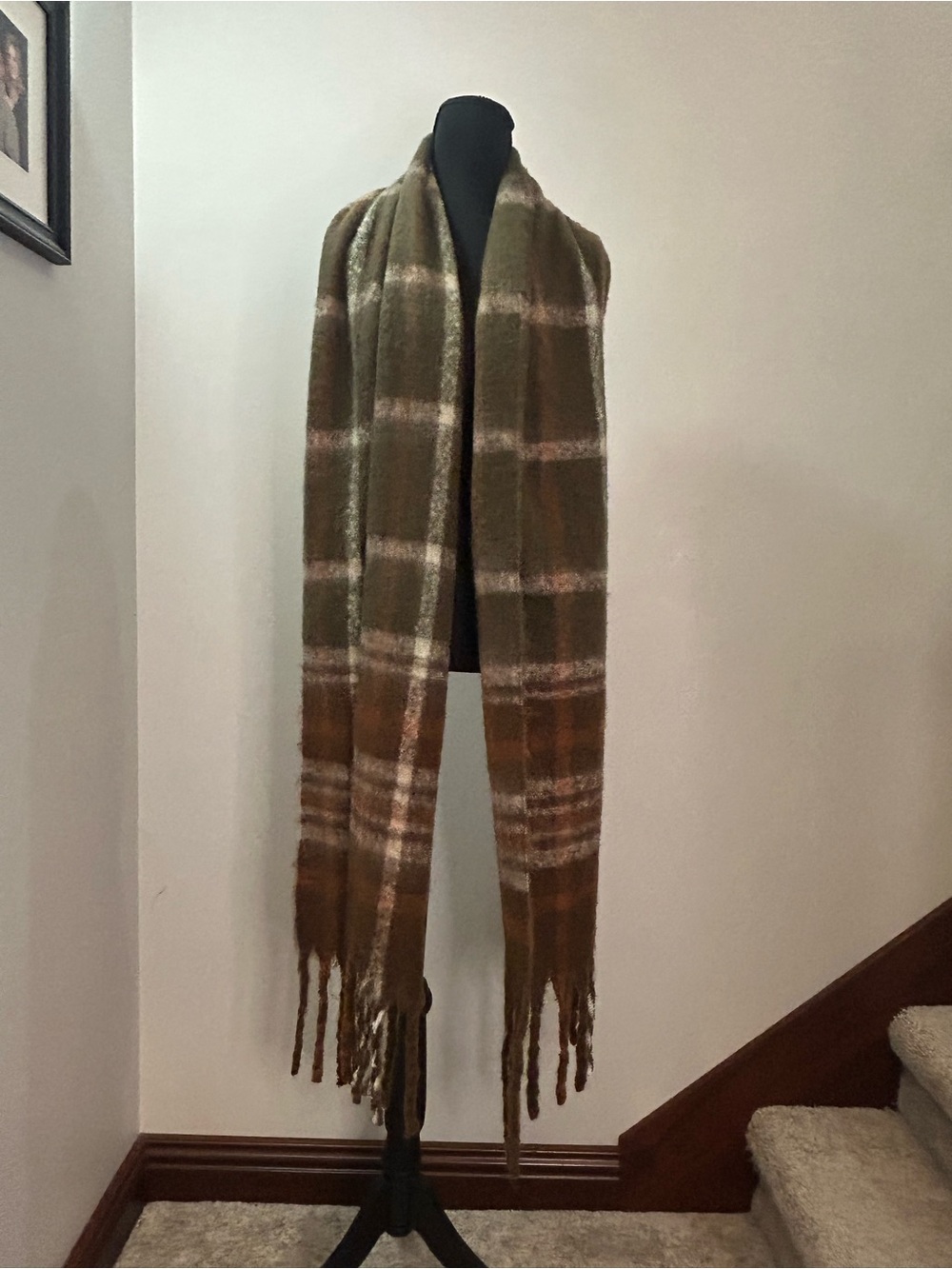 Frye & Co Brown Olive Plaid Blanket Scarf Fringe Recycled Polyester Unisex